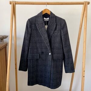 NWT Mango MNG Wool Houndstooth Collared Longline Overcoat in Gray/Black - S